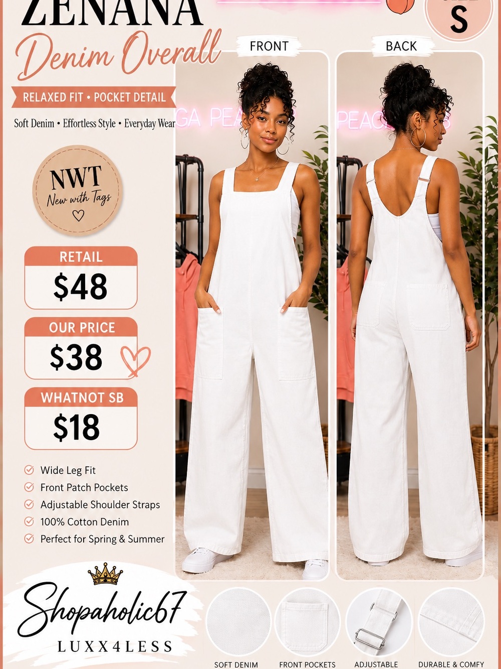 Zenana Outfitters White Denim Overalls - Picture 1 of 1